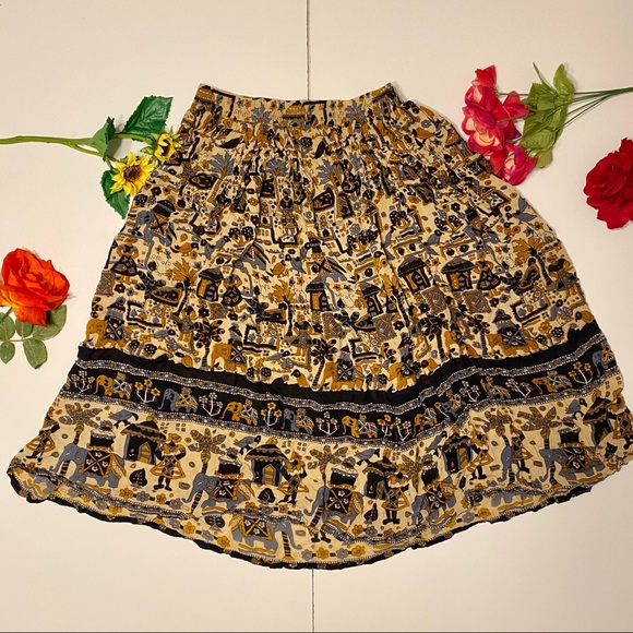 Orvis Brown Blue Elephant Maxi / Midi Skirt Small - Picture 1 of 3